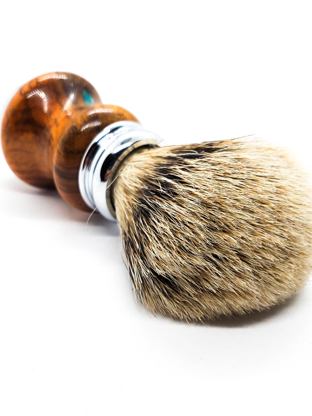 top view of a silvertip badger shave brush with a mesquite handle