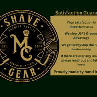 Shave Gear logo with satisfaction guarantee information on a green background