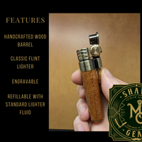 the features of a steampunk inspired lighter with a wood barrel made from mesquite