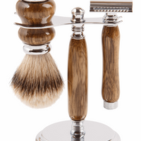 Hand-turned Premium Razor Set with Badger Shave Brush in African Black Limba
