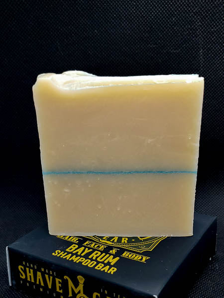 bay rum shampoo bar for men on a box front view