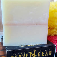 Sandalwood shampoo bar for men on a box with the mc shave gear logo.
