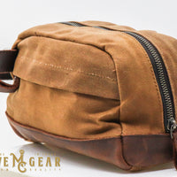 khaki hand made waxed canvas dopp bag side view