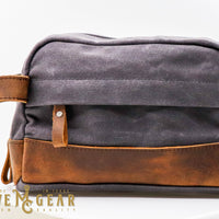 gray hand made waxed canvas dopp bag