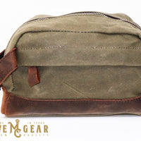 green hand made waxed canvas dopp bag