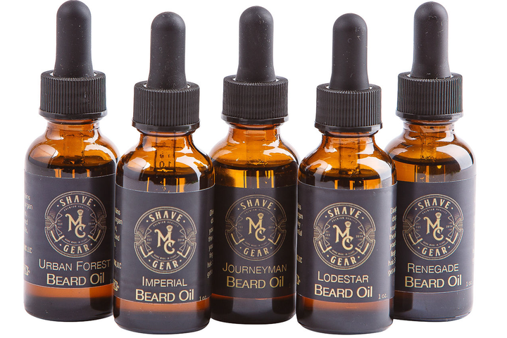 beard oil collection from mc shave gear made with argan oil, jojoba oil and hempseed oil