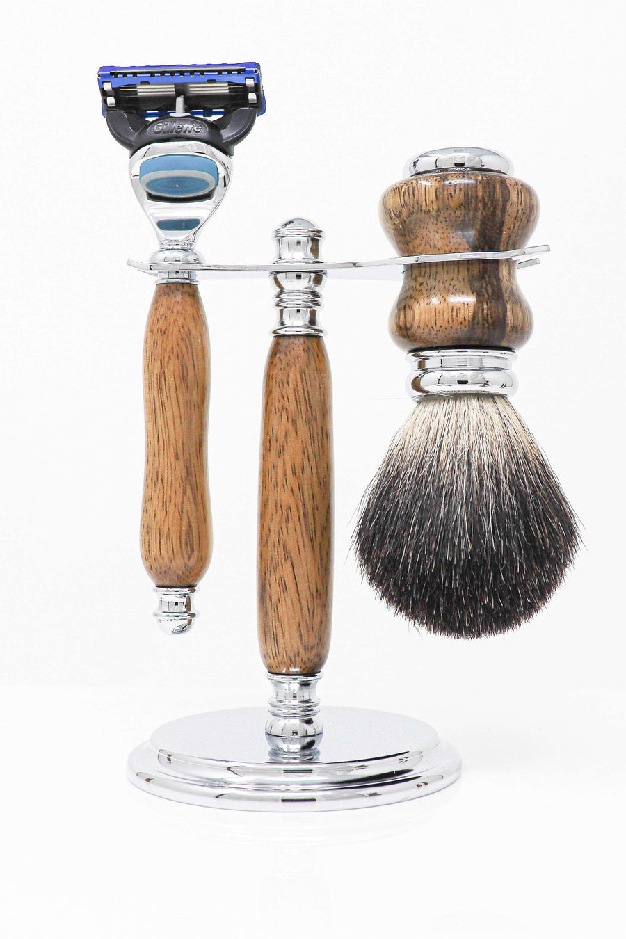 Hand-turned Premium Razor Set with Badger Shave Brush in African Black Limba
