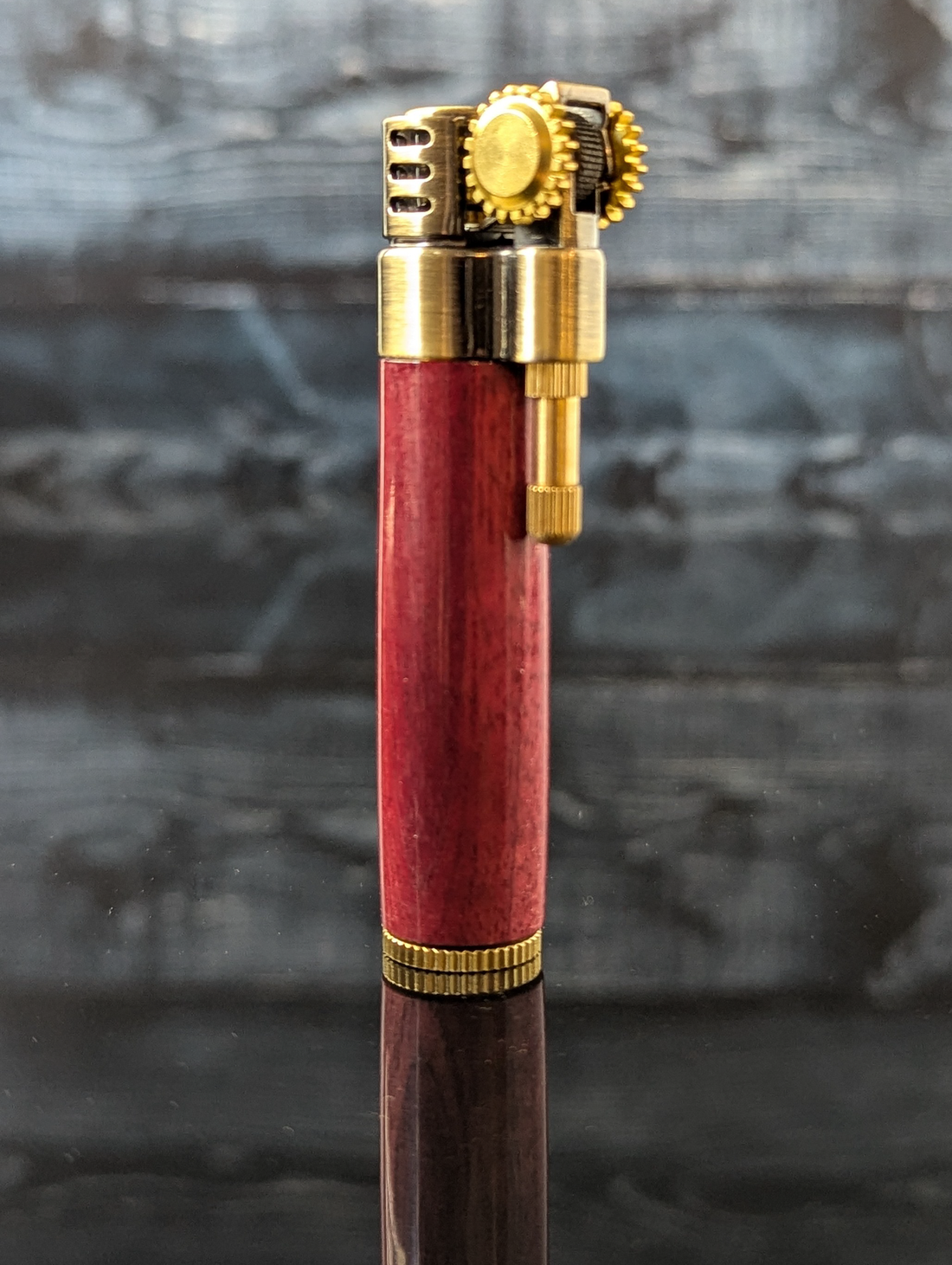 steampunk style slim lighter with a handcrafted wood barrel made from purpleheart