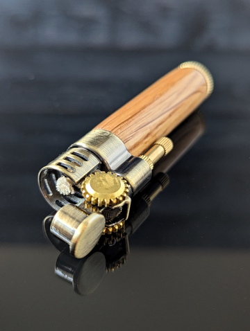 steampunk style slim lighter with a handcrafted wood barrel made from bourbon barrel oak