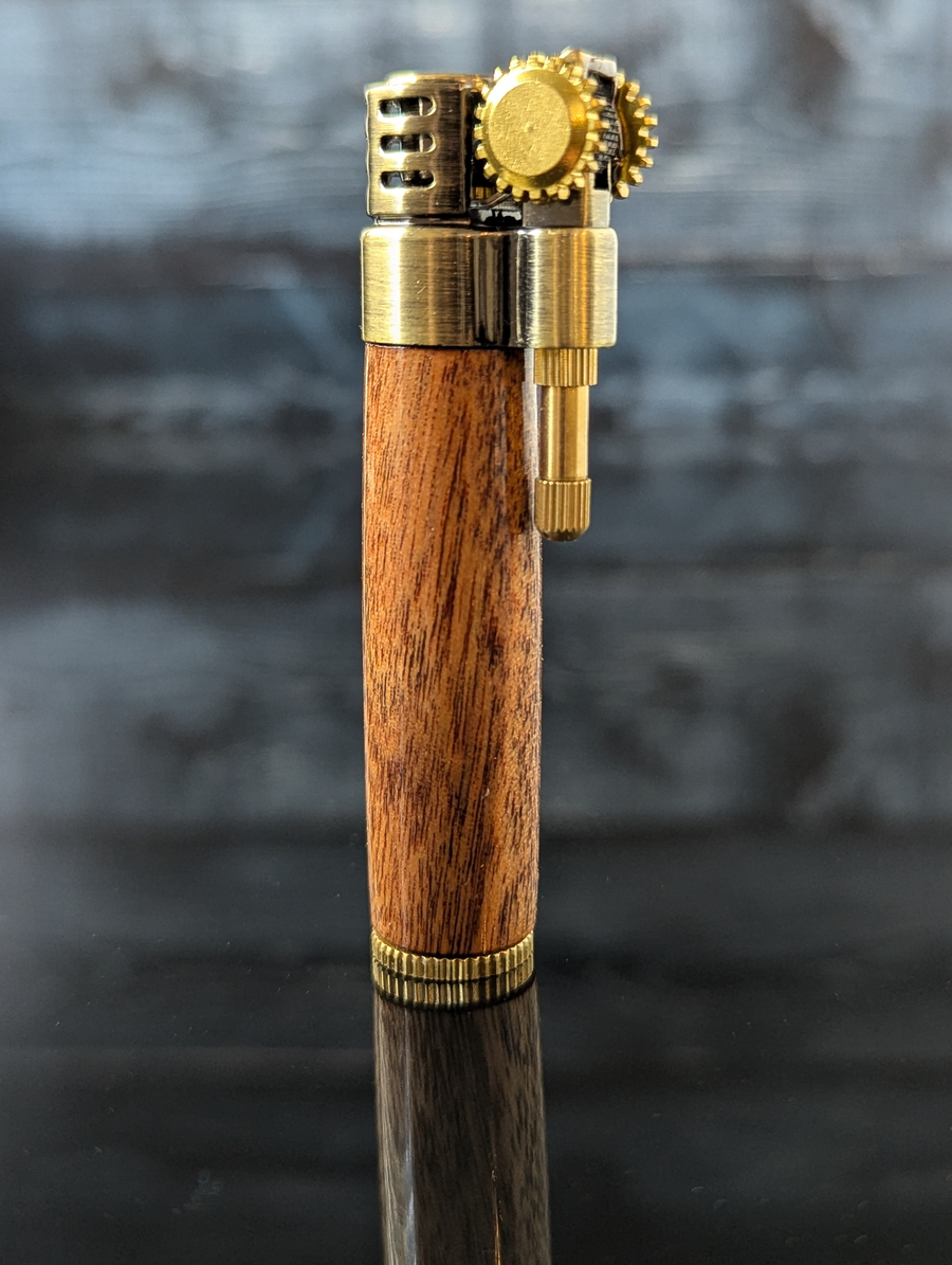 steampunk style slim lighter with a handcrafted wood barrel made from texas mesquite