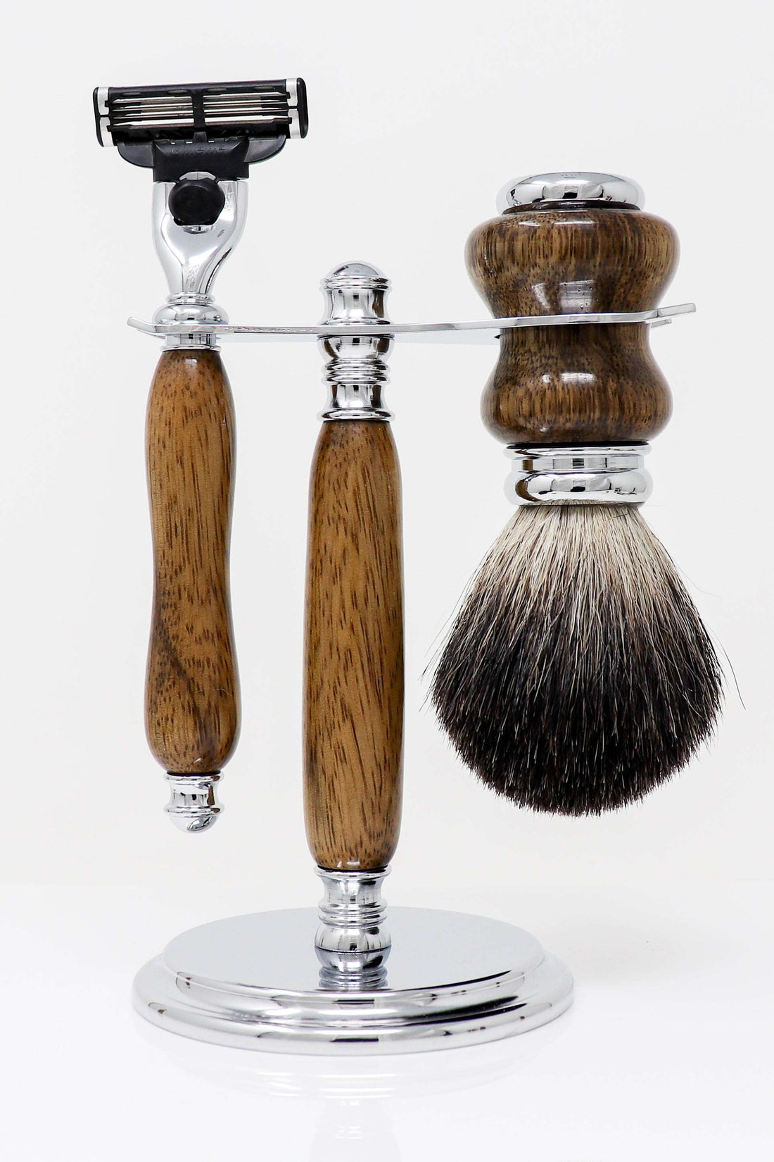 Hand-turned Premium Razor Set with Badger Shave Brush in African Black Limba