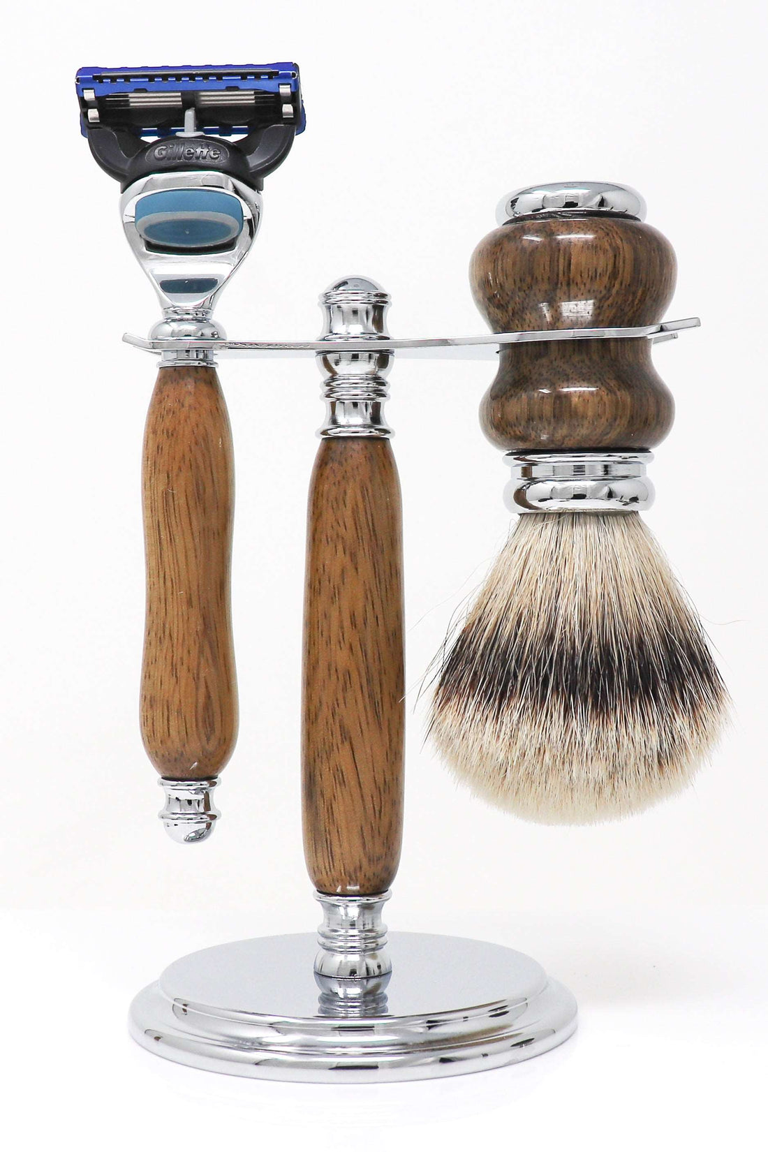 Hand-turned Premium Razor Set with Badger Shave Brush in African Black Limba