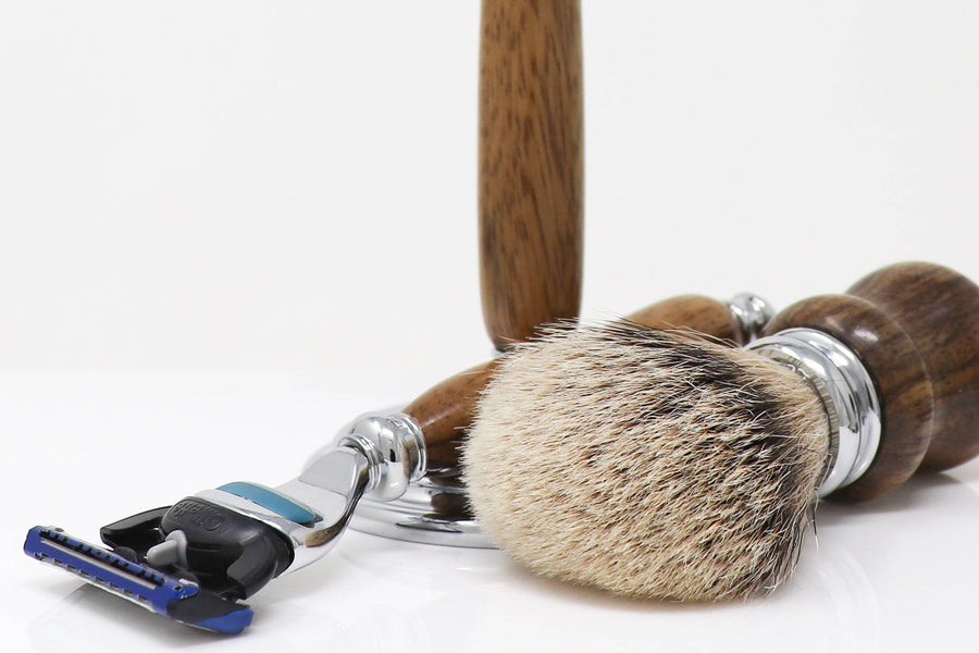 Hand-turned Premium Razor Set with Badger Shave Brush in African Black Limba