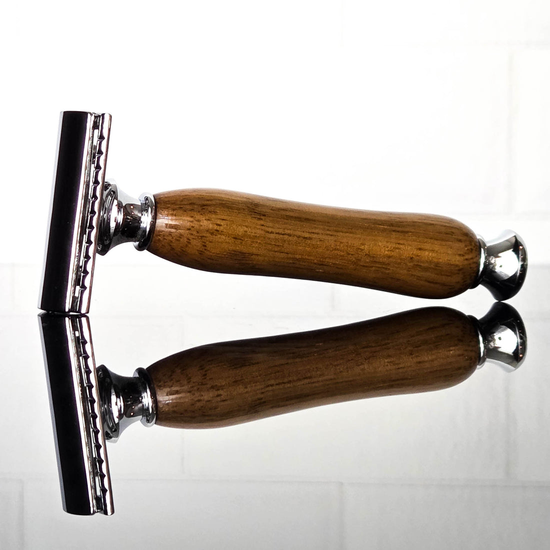 mango wood safety razor premium shaving tool on a white reflective background