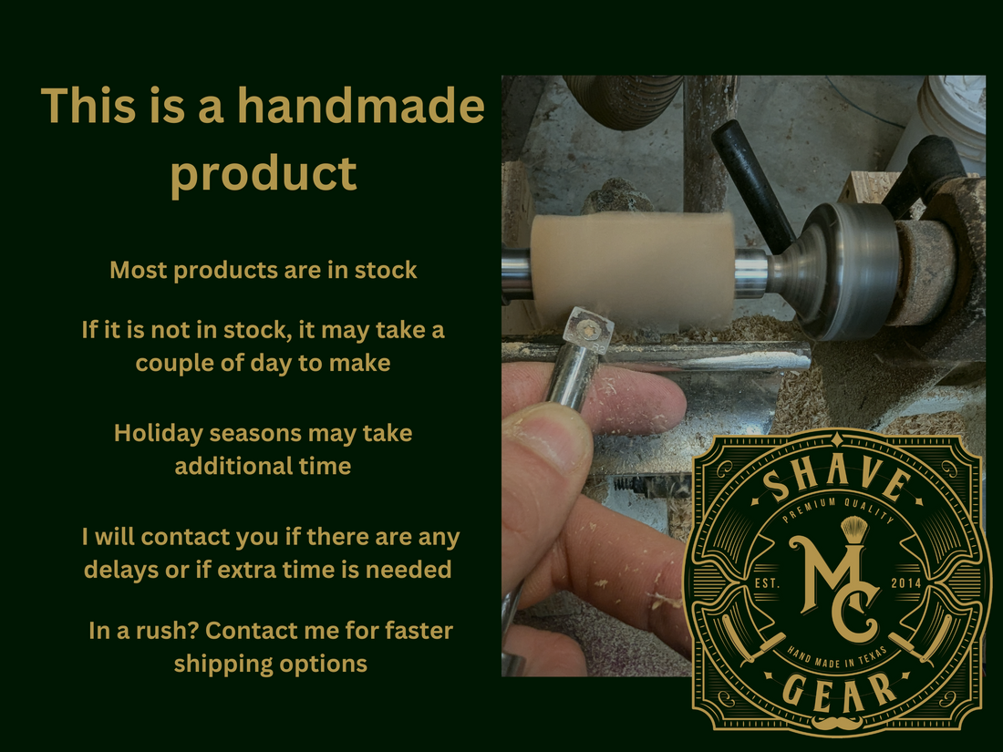 Handmade product with a lathe and tool, featuring text about product availability and shipping.