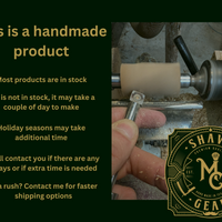 Handmade product with a lathe and tool, featuring text about product availability and shipping.