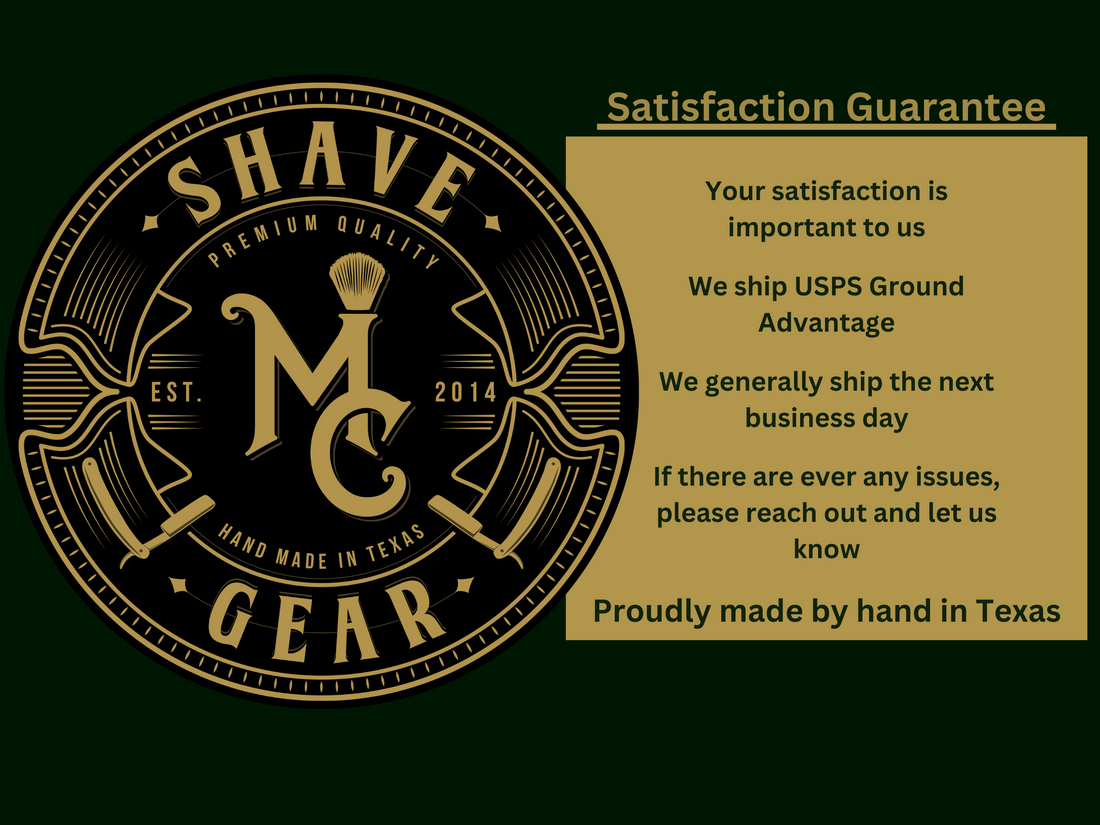 Shave Gear logo with satisfaction guarantee information on a green background