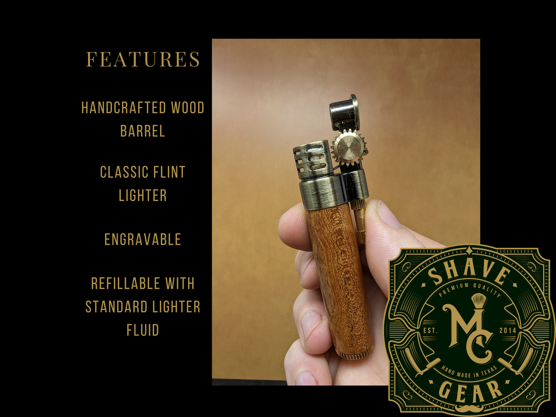 the features of a steampunk inspired lighter with a wood barrel made from mesquite
