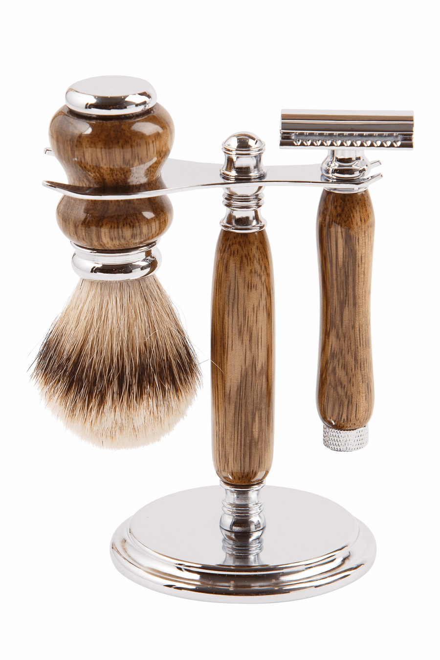 Hand-turned Premium Razor Set with Badger Shave Brush in African Black Limba