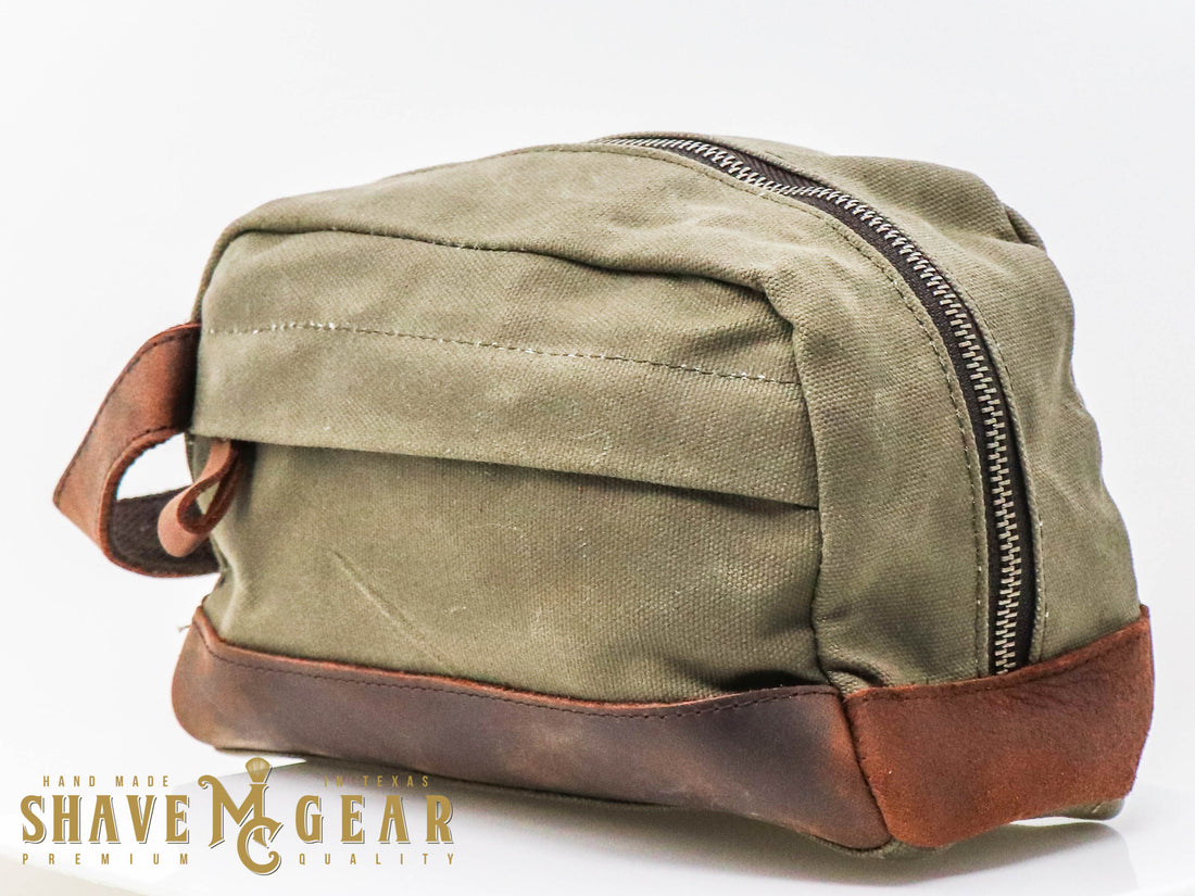 hand made waxed canvas dopp bag in green