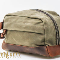 hand made waxed canvas dopp bag in green