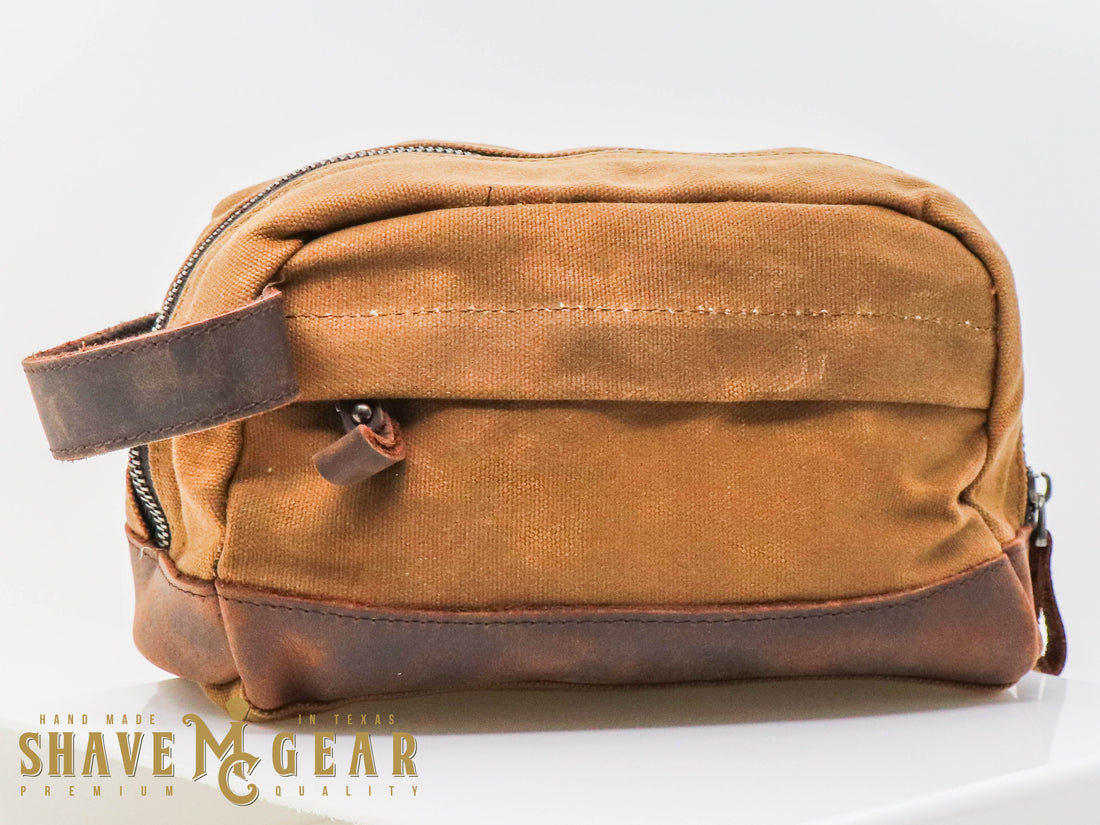 khaki hand made waxed canvas dopp bag