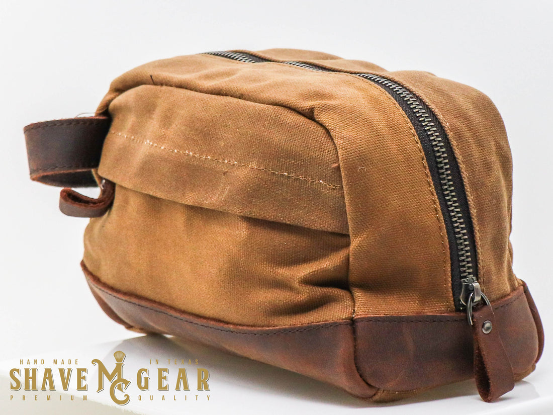 khaki hand made waxed canvas dopp bag side view