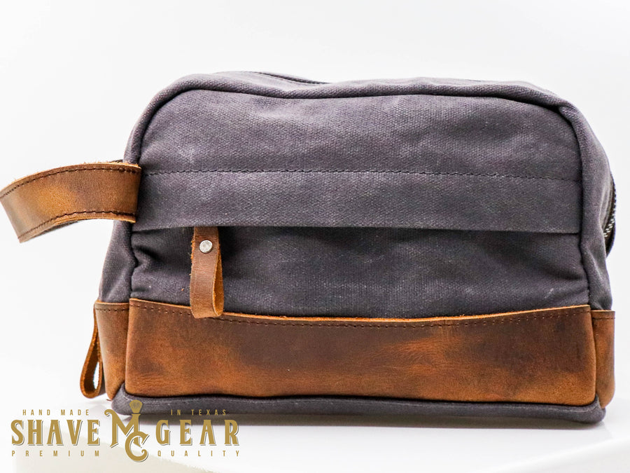 gray hand made waxed canvas dopp bag