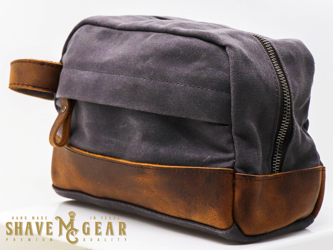 gray hand made waxed canvas dopp bag side view