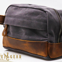 gray hand made waxed canvas dopp bag side view