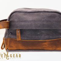 gray hand made waxed canvas dopp bag front view