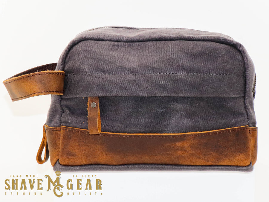 gray hand made waxed canvas dopp bag front view