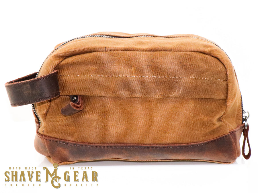 khaki hand made waxed canvas dopp bag from mc shave gear