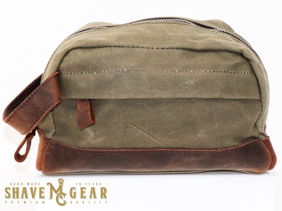 green hand made waxed canvas dopp bag