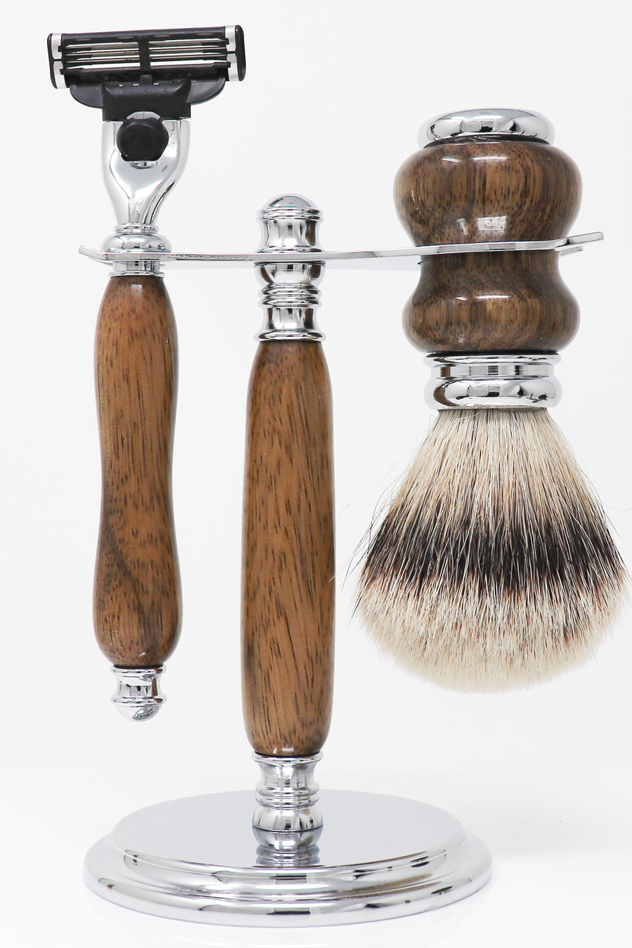 Hand-turned Premium Razor Set with Badger Shave Brush in African Black Limba